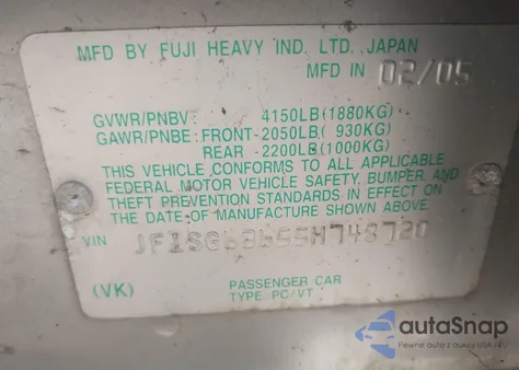 2005 Subaru Forester 2.5X from USA, damaged, VIN JF1SG63655H748720